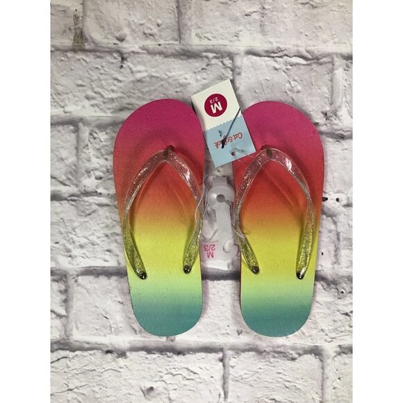 Girls Cat & Jack Girls Size M 2/3 Flip Flops Pink Yellow Green Glitter Strap - Picture 1 of 2